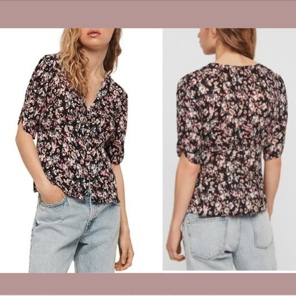NWT $135 Allsaints [ Small ] Kota Freefall Floral Blouse Black Pink Multi #5312b - Picture 2 of 16